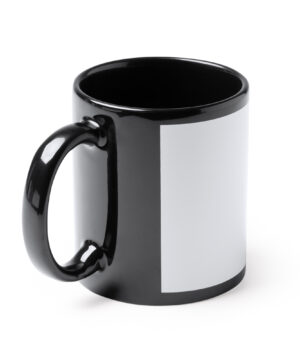 Black and white ceramic mug with glossy finish and handle