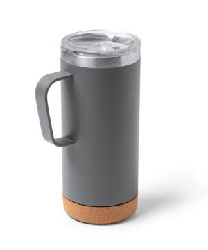 Tall travel mug with cork base, handle, and clear lid