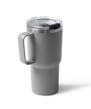 White travel tumbler with handle and stainless steel lid
